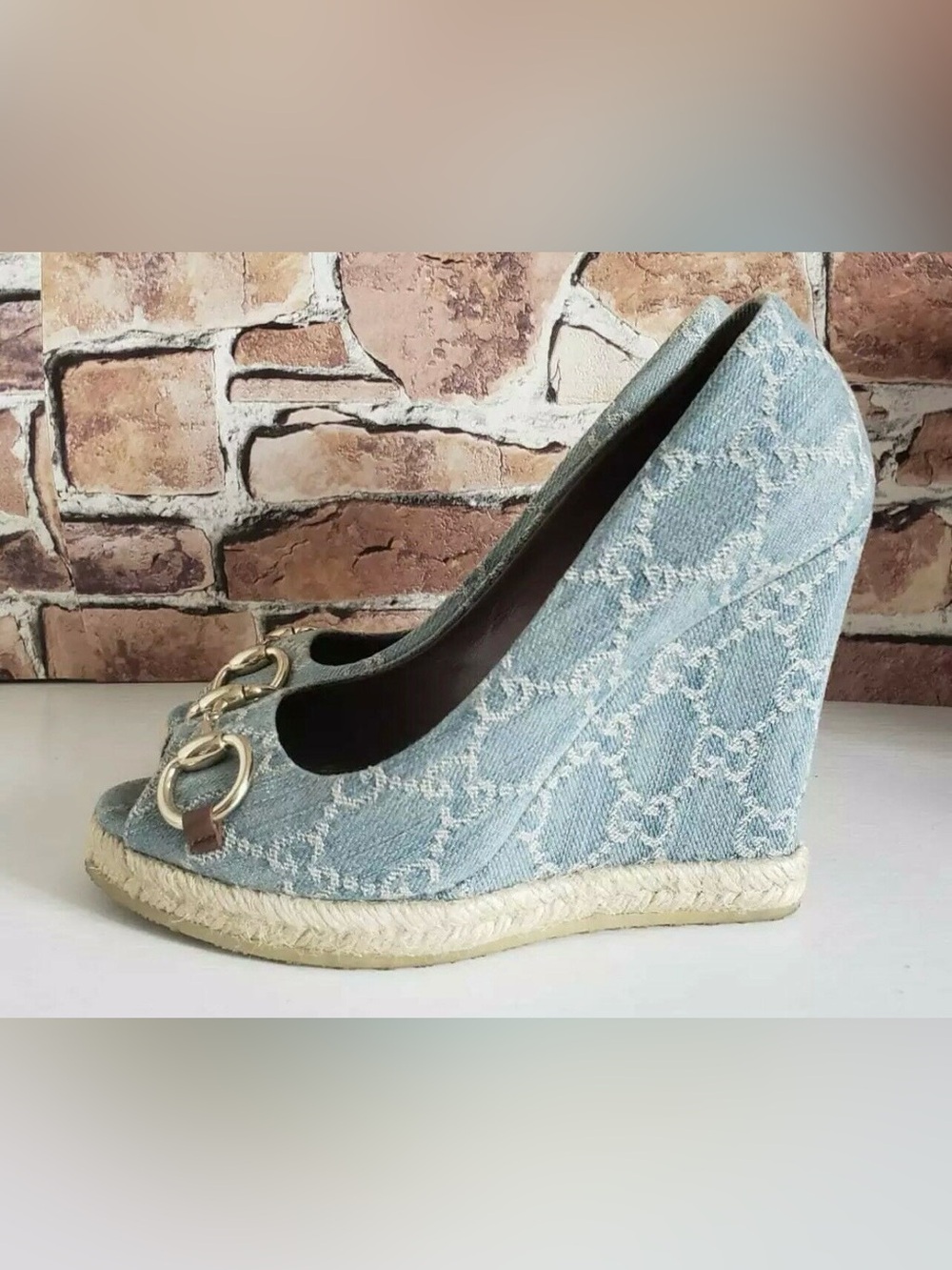 Gucci Light Blue Denim Wedge Espadrilles with Gold Horsebit
